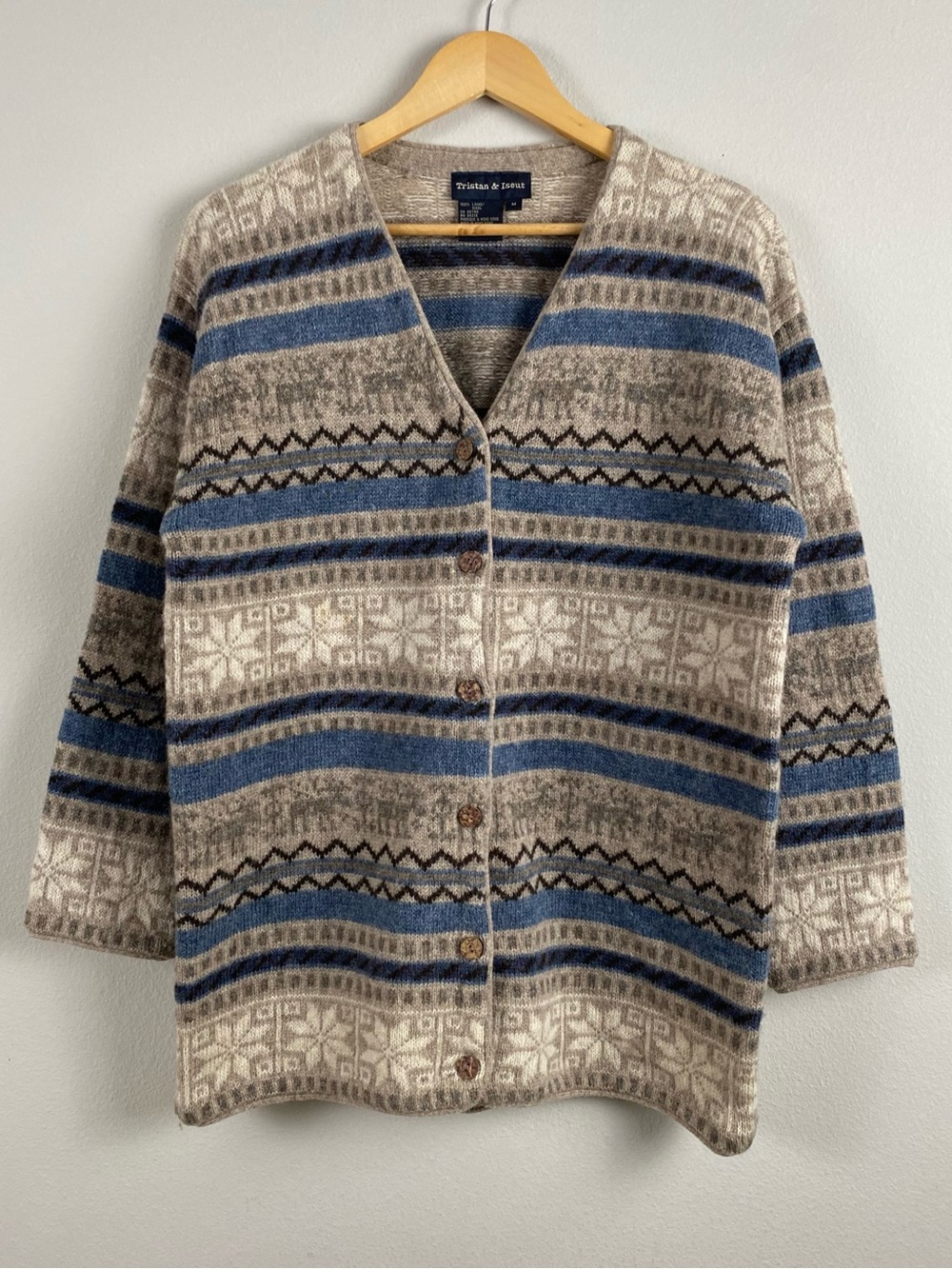 Tristan & Iseut Vintage Wool Nordic Fair Isle Patterned Button Front Cardigan